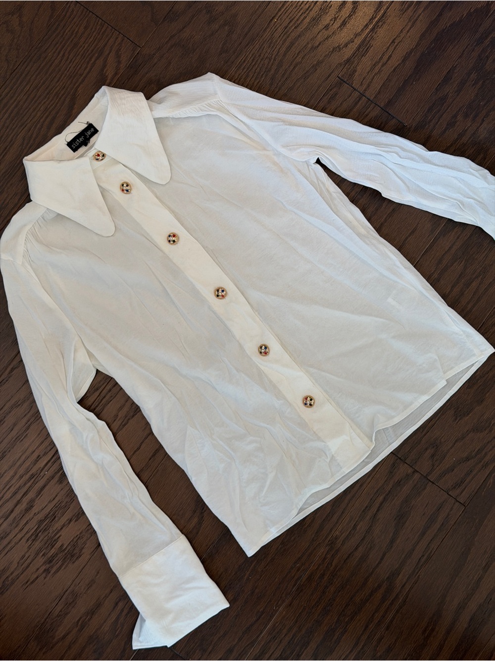 White Long-Sleeve Button Down with Distinct Collar and Gem Stone Buttons